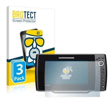 Front side of a product packaging with the brand logo BROTECT. Next to it is the device Humminbird Helix 9 G3N shown with the 