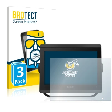 Front side of a product packaging with the brand logo BROTECT. Next to it is the device Garmin GPSMAP 8410xsv shown with the c