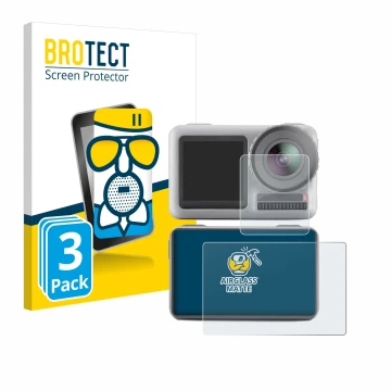 Front side of a product packaging with the brand logo BROTECT. Next to it is the device DJI Osmo Action shown with the corresp