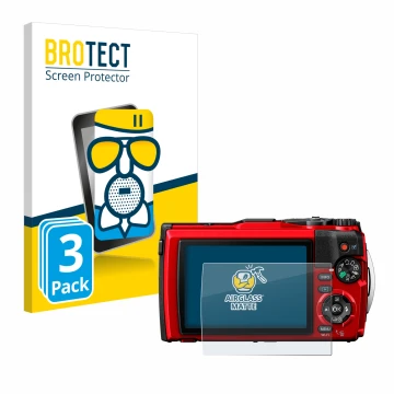 Front side of a product packaging with the brand logo BROTECT. Next to it is the device Olympus Tough TG-6 shown with the corr