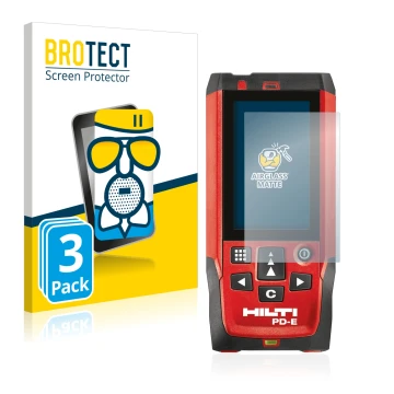 Front side of a product packaging with the brand logo BROTECT. Next to it is the device Hilti PD-E shown with the correspondin