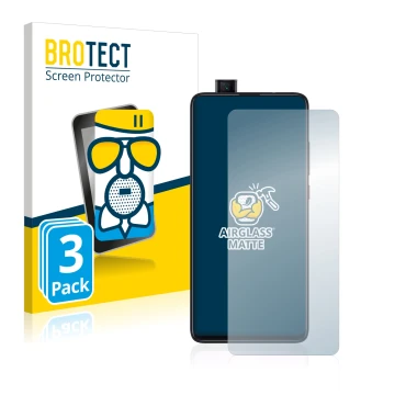 Front side of a product packaging with the brand logo BROTECT. Next to it is the device Xiaomi Mi 9T shown with the correspond