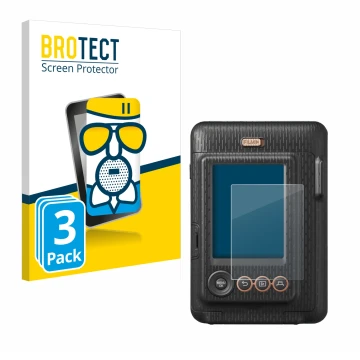 Front side of a product packaging with the brand logo BROTECT. Next to it is the device Fujifilm Instax Mini LiPlay shown with