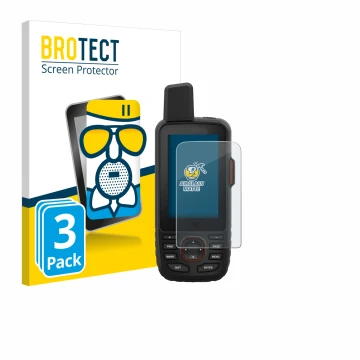 Front side of a product packaging with the brand logo BROTECT. Next to it is the device Garmin GPSMAP 66i shown with the corre