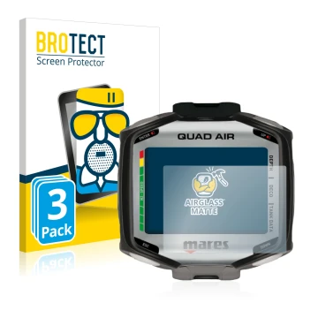 Front side of a product packaging with the brand logo BROTECT. Next to it is the device Mares Quad Air shown with the correspo