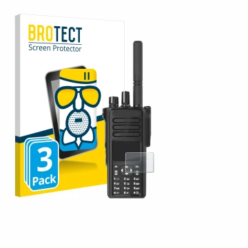 Front side of a product packaging with the brand logo BROTECT. Next to it is the device Motorola DP4801e shown with the corres