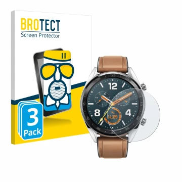 Front side of a product packaging with the brand logo BROTECT. Next to it is the device Huawei Watch GT Classic shown with the
