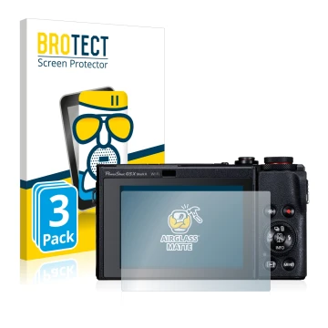 Front side of a product packaging with the brand logo BROTECT. Next to it is the device Canon PowerShot G5 X Mark II shown wit