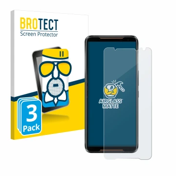 Front side of a product packaging with the brand logo BROTECT. Next to it is the device ASUS ROG Phone 2 shown with the corres