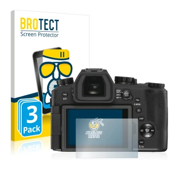 Front side of a product packaging with the brand logo BROTECT. Next to it is the device Leica V-LUX 5 shown with the correspon