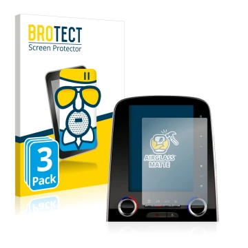 Front side of a product packaging with the brand logo BROTECT. Next to it is the device Renault Scenic R-Link 2 8.7