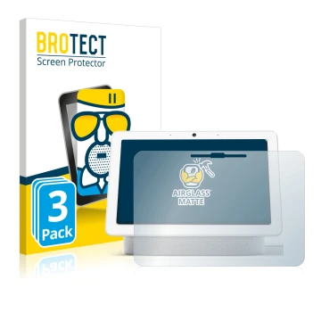 Front side of a product packaging with the brand logo BROTECT. Next to it is the device Google Nest Hub Max shown with the cor
