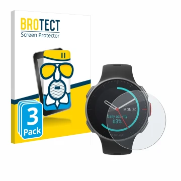 Front side of a product packaging with the brand logo BROTECT. Next to it is the device Polar Vantage V Titan shown with the c