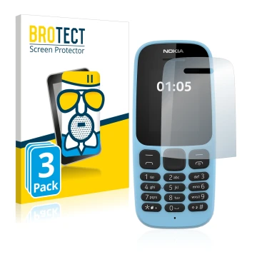 Front side of a product packaging with the brand logo BROTECT. Next to it is the device Nokia 105 2019 shown with the correspo