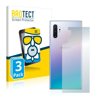 Front side of a product packaging with the brand logo BROTECT. Next to it is the device Samsung Galaxy Note 10 Plus (Back) sho