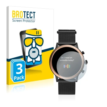 Front side of a product packaging with the brand logo BROTECT. Next to it is the device Fossil Julianna HR (5.Gen) shown with 