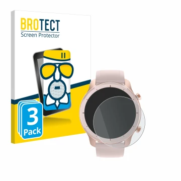 Front side of a product packaging with the brand logo BROTECT. Next to it is the device Huami Amazfit GTR (42 mm) shown with t