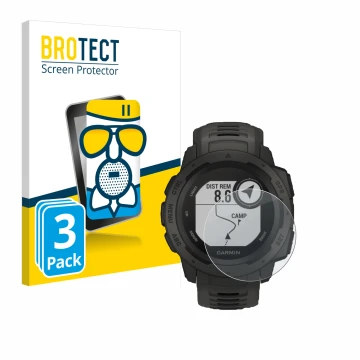 Front side of a product packaging with the brand logo BROTECT. Next to it is the device Garmin Instinct Tactical Edition shown