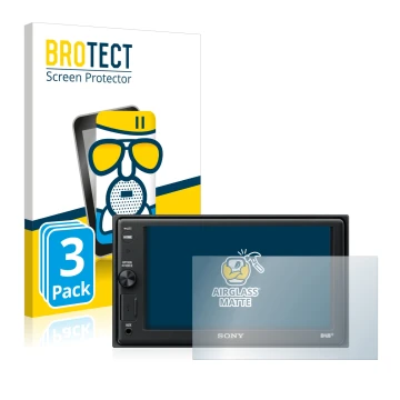Front side of a product packaging with the brand logo BROTECT. Next to it is the device Sony XAV-AX1005DB shown with the corre