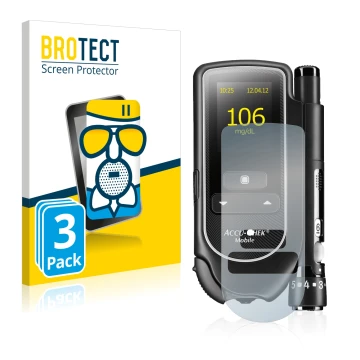Front side of a product packaging with the brand logo BROTECT. Next to it is the device Accu-Chek Mobile shown with the corres
