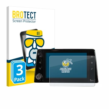 Front side of a product packaging with the brand logo BROTECT. Next to it is the device Peugeot Rifter 2019 Infotainment Syste