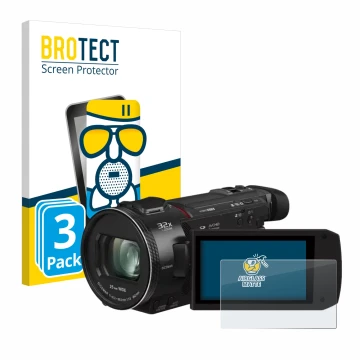 Front side of a product packaging with the brand logo BROTECT. Next to it is the device Panasonic HC-VXF11 shown with the corr