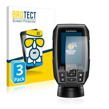 Front side of a product packaging with the brand logo BROTECT. Next to it is the device Garmin Striker 4 shown with the corres