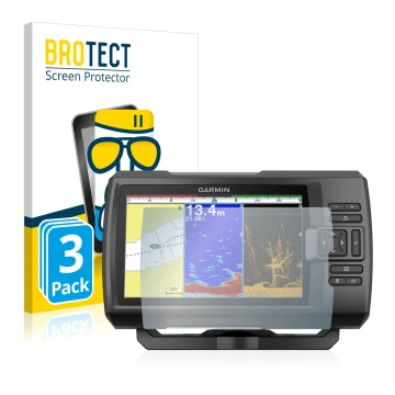 Front side of a product packaging with the brand logo BROTECT. Next to it is the device Garmin Striker Plus 9sv shown with the