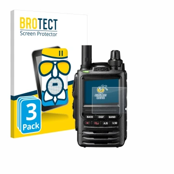 Front side of a product packaging with the brand logo BROTECT. Next to it is the device Yaesu FT-3D shown with the correspondi
