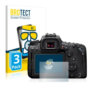 Front side of a product packaging with the brand logo BROTECT. Next to it is the device Canon EOS 90D shown with the correspon