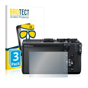 Front side of a product packaging with the brand logo BROTECT. Next to it is the device Canon EOS M6 Mark II shown with the co