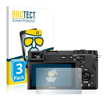 Front side of a product packaging with the brand logo BROTECT. Next to it is the device Sony Alpha 6600 shown with the corresp