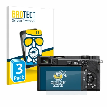 Front side of a product packaging with the brand logo BROTECT. Next to it is the device Sony Alpha 6100 shown with the corresp