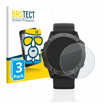 Front side of a product packaging with the brand logo BROTECT. Next to it is the device Garmin Fenix 6X Pro shown with the cor
