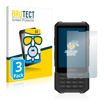 Front side of a product packaging with the brand logo BROTECT. Next to it is the device Cyrus CM 17 Hybrid shown with the corr