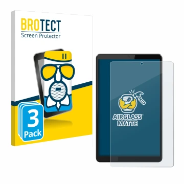 Front side of a product packaging with the brand logo BROTECT. Next to it is the device Lenovo Tab M8 shown with the correspon