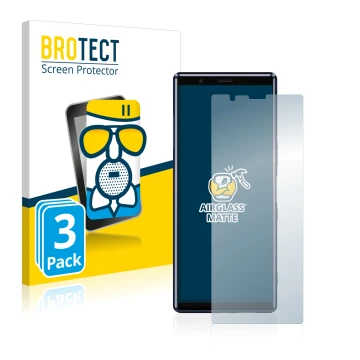Front side of a product packaging with the brand logo BROTECT. Next to it is the device Sony Xperia 5 shown with the correspon