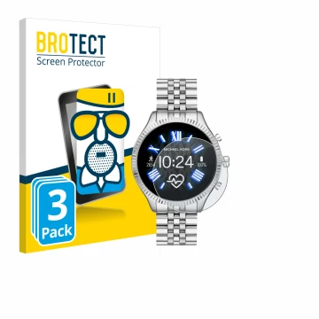Front side of a product packaging with the brand logo BROTECT. Next to it is the device Michael Kors Access Lexington 2 shown 