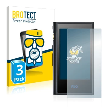 Front side of a product packaging with the brand logo BROTECT. Next to it is the device FiiO M9 shown with the corresponding s