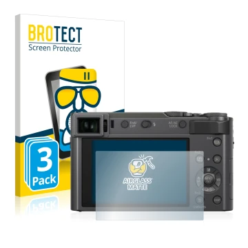 Front side of a product packaging with the brand logo BROTECT. Next to it is the device Panasonic Lumix DC-TZ200 shown with th