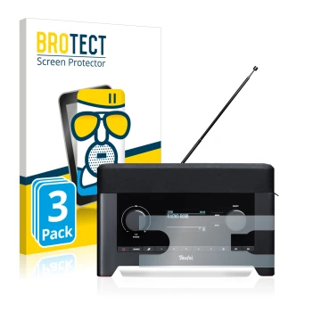 Front side of a product packaging with the brand logo BROTECT. Next to it is the device Teufel Radio 3sixty shown with the cor