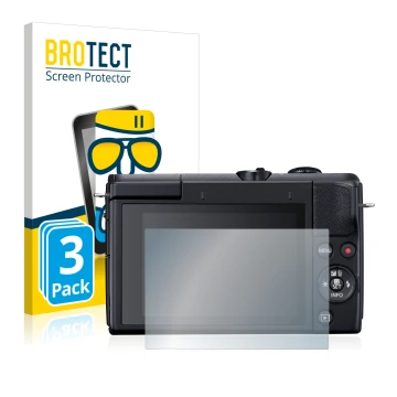 Front side of a product packaging with the brand logo BROTECT. Next to it is the device Canon EOS M200 shown with the correspo