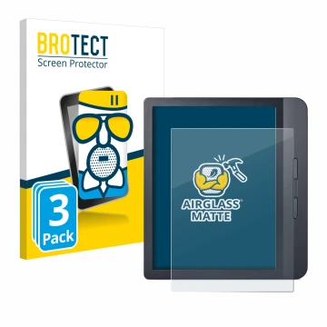 Front side of a product packaging with the brand logo BROTECT. Next to it is the device Kobo Libra H2O shown with the correspo