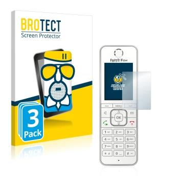 Front side of a product packaging with the brand logo BROTECT. Next to it is the device AVM Fritz!Fon C6 shown with the corres