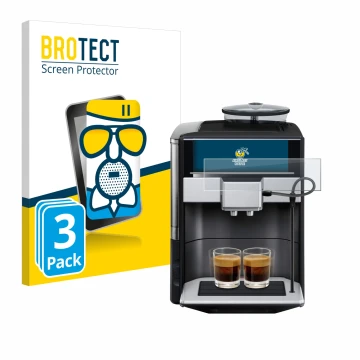 Front side of a product packaging with the brand logo BROTECT. Next to it is the device Siemens EQ.6 plus s700 shown with the 