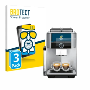 Front side of a product packaging with the brand logo BROTECT. Next to it is the device Siemens EQ.9 plus connect s700 4,3