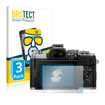 Front side of a product packaging with the brand logo BROTECT. Next to it is the device Olympus OM-D E-M5 Mark III shown with 
