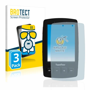 Front side of a product packaging with the brand logo BROTECT. Next to it is the device TwoNav Trail 2 Bike shown with the cor