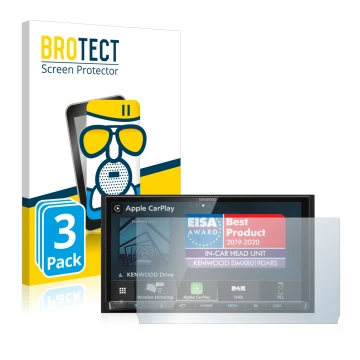 Front side of a product packaging with the brand logo BROTECT. Next to it is the device Kenwood DMX8019DABS (with cutout) show
