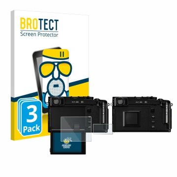Front side of a product packaging with the brand logo BROTECT. Next to it is the device Fujifilm X-Pro3 shown with the corresp